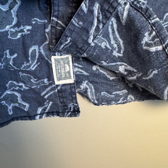 ROOTS‎ Men's M 100% Linen Allover Lakes Print Button Up Shirt Blue Summer Resort - Picture 6 of 13